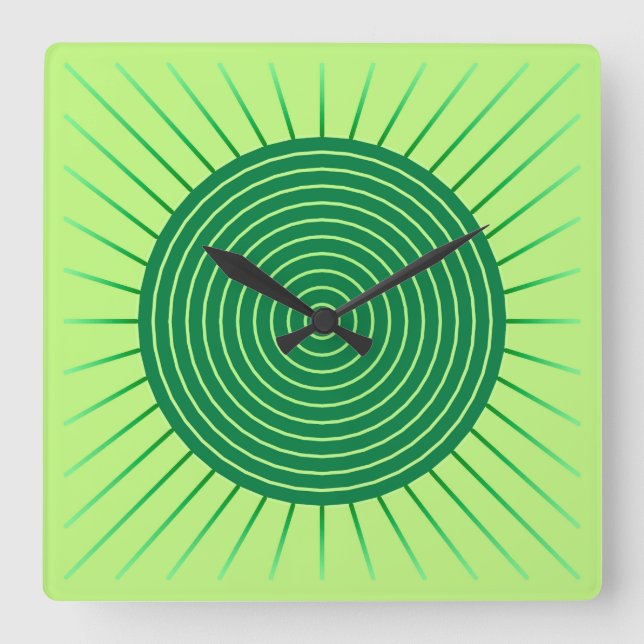 Modern Geometric Sunburst - Emerald Green and Lime Square Wall Clock (Front)