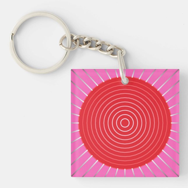 Modern Geometric Sunburst - Fuchsia and Red Key Ring (Front)