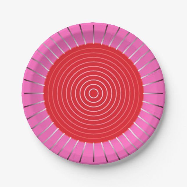 Modern Geometric Sunburst - Fuchsia and Red Paper Plate (Front)