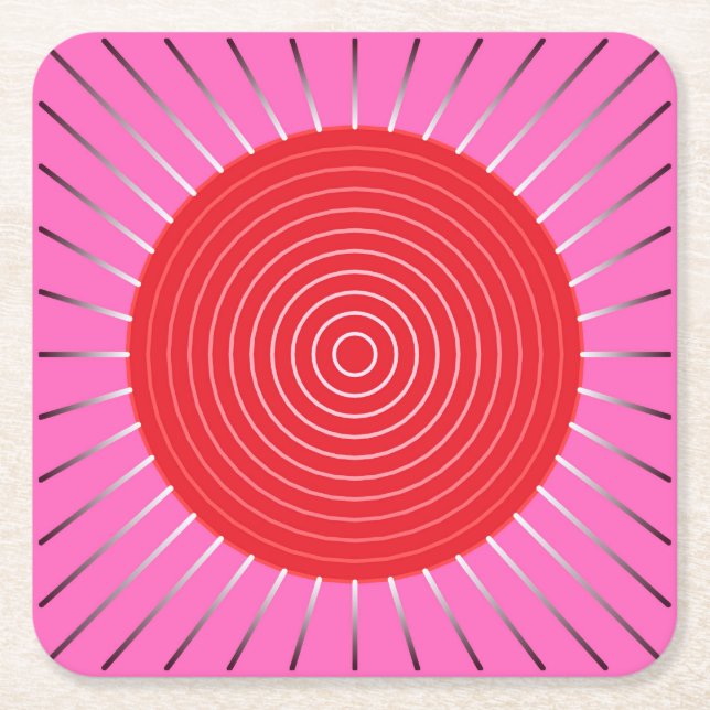 Modern Geometric Sunburst - Fuchsia and Red Square Paper Coaster (Front)