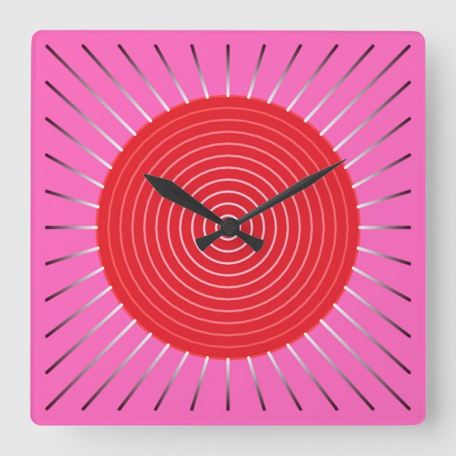 Modern Geometric Sunburst - Fuchsia and Red Square Wall Clock (Front)
