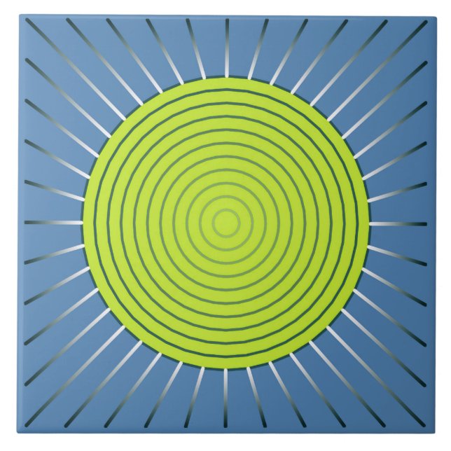 Modern Geometric Sunburst - Lime and Denim Blue Ceramic Tile (Front)