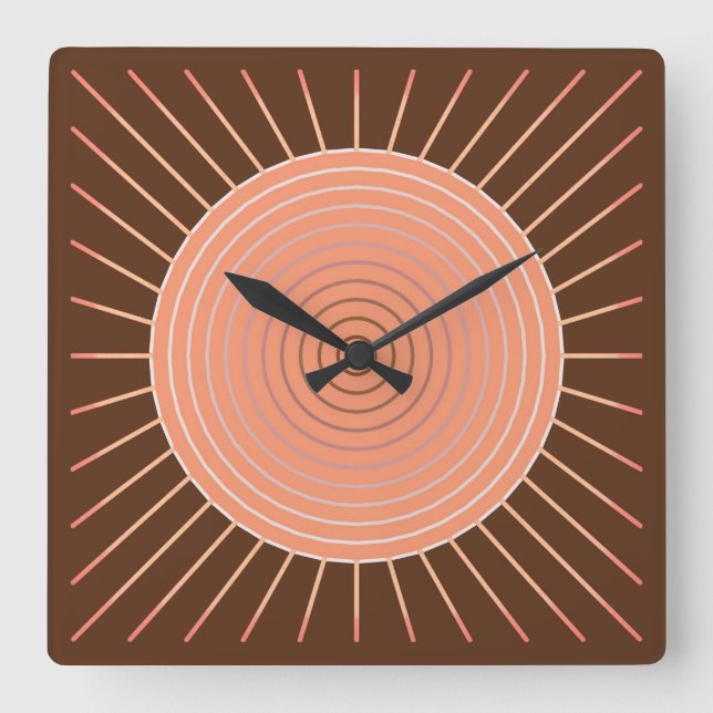 Modern Geometric Sunburst - Peach and Brown Square Wall Clock (Front)