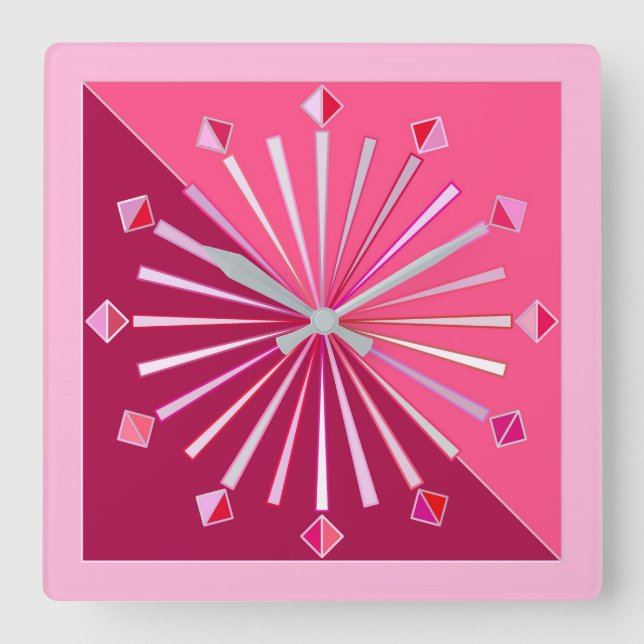 Modern Geometric Sunburst, Wine and Fuchsia Pink Square Wall Clock (Front)