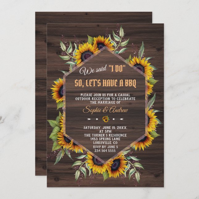 Modern Geometric Sunflowers Wood I DO BBQ Invitation (Front/Back)