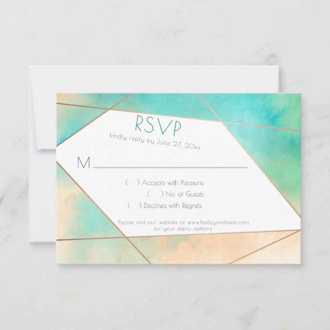 Modern Geometric Teal and Peach Watercolor RSVP Card (Front)