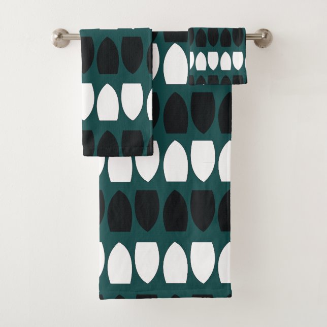 Modern Geometric Teal Blue White Black Bath Towel Set (Insitu)