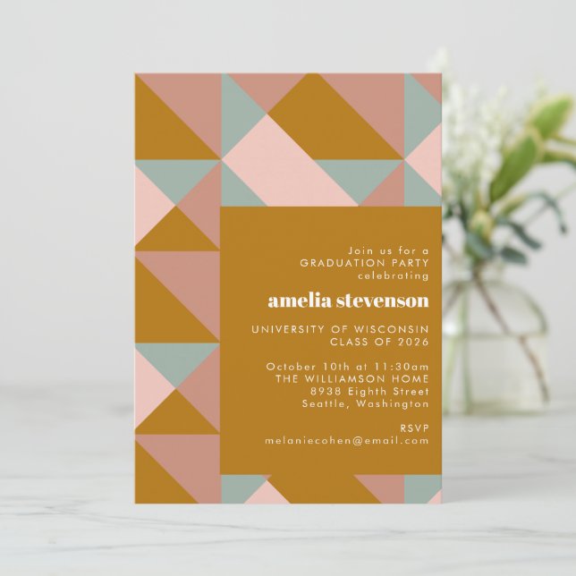 Modern Geometric Teal Blush Gold Graduation Party Invitation (Standing Front)