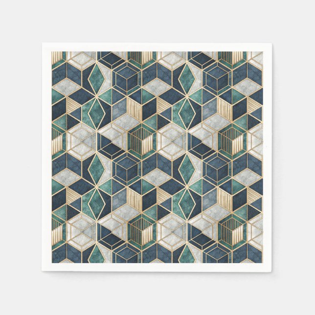 Modern Geometric Teal & Gold Abstract Pattern Napkin (Front)