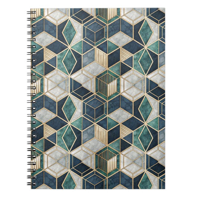 Modern Geometric Teal & Gold Abstract Pattern Notebook (Front)