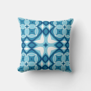 Modern Geometric Tile Pattern Denim Blue & White Cushion