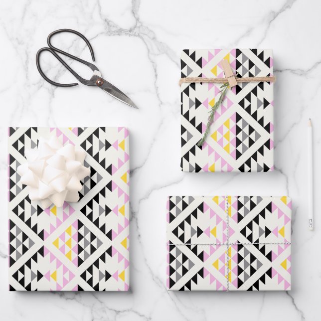 Modern Geometric Tiles Triangle Pattern Pink Black Wrapping Paper Sheet (Front)