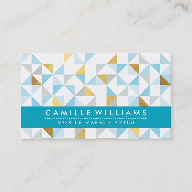 MODERN GEOMETRIC triangle aztec pattern aqua grey Business Card (Front)