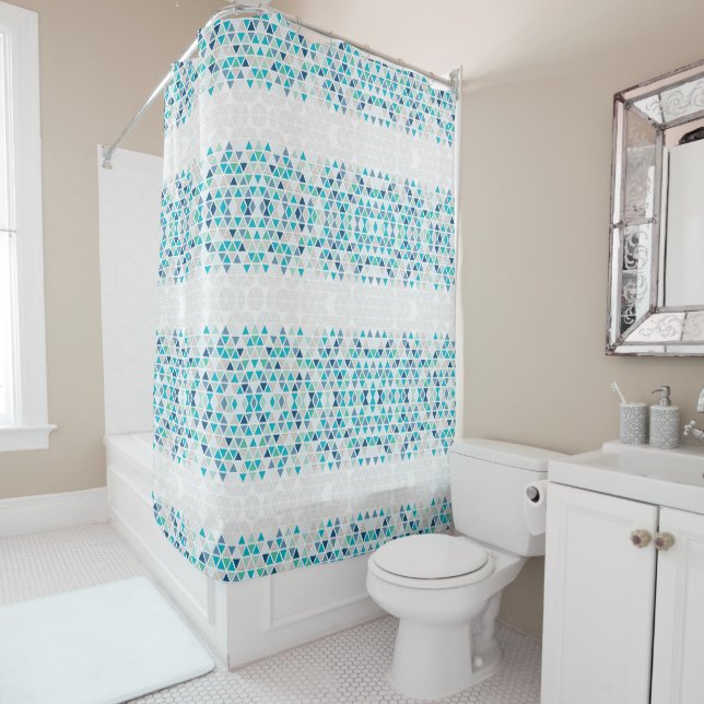 Modern Geometric Triangle Beach Glass Pattern Shower Curtain (In Situ)