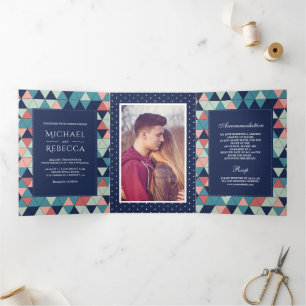 Modern Geometric Triangles Photo Wedding Tri-Fold Invitation