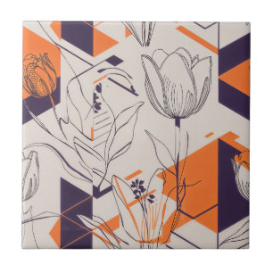 Modern Geometric Tulip Line Art Pattern (5) Ceramic Tile