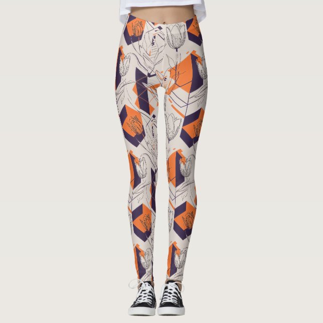 Modern Geometric Tulip Line Art Pattern (5) Leggings (Front)