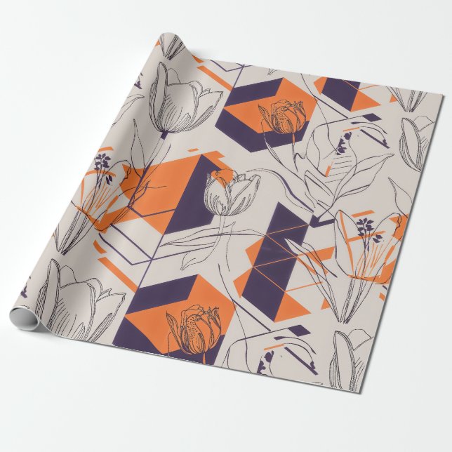 Modern Geometric Tulip Line Art Pattern (5) Wrapping Paper (Unrolled)