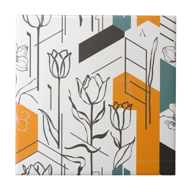 Modern Geometric Tulip Line Art Pattern Ceramic Tile (Front)