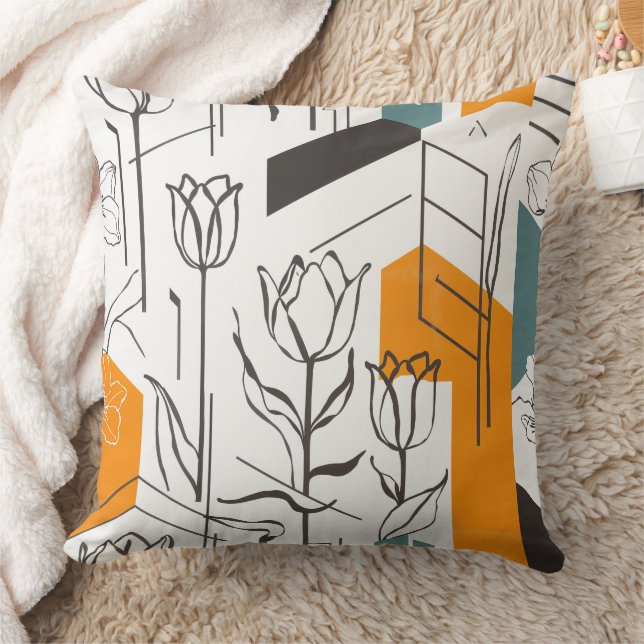 Modern Geometric Tulip Line Art Pattern Cushion (Blanket)