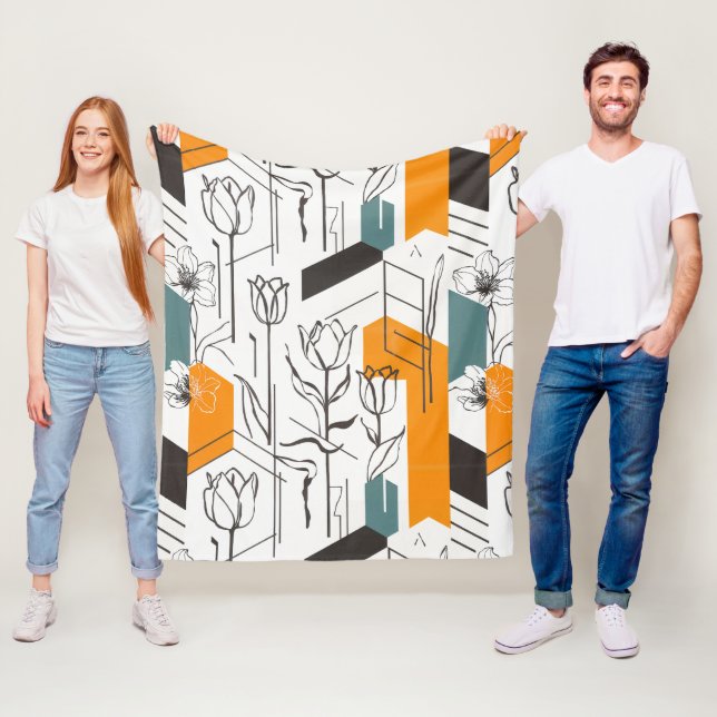 Modern Geometric Tulip Line Art Pattern Fleece Blanket (In Situ)