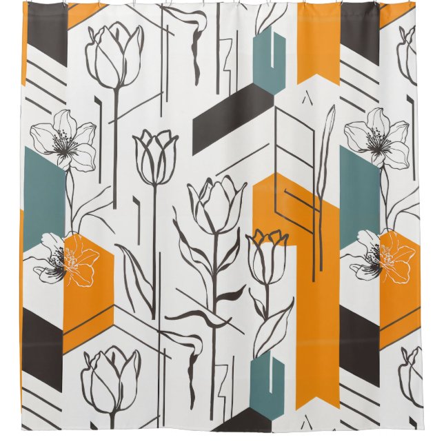 Modern Geometric Tulip Line Art Pattern Shower Curtain (Front)