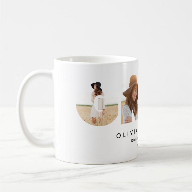 Modern geometric typography multi photo graduation coffee mug (Left)