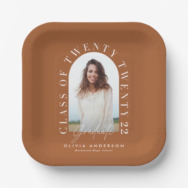 Modern geometric typography photo arch graduation  paper plate (Front)