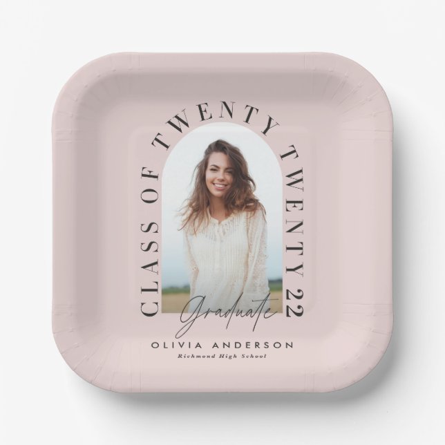 Modern geometric typography photo arch pink paper plate (Front)