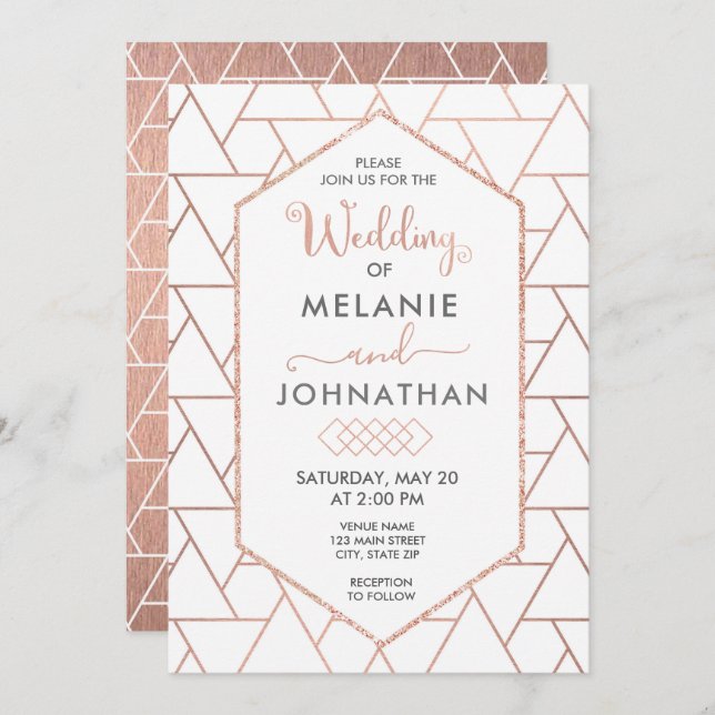 Modern Geometric Wedding Invitation, Rose Gold Invitation (Front/Back)