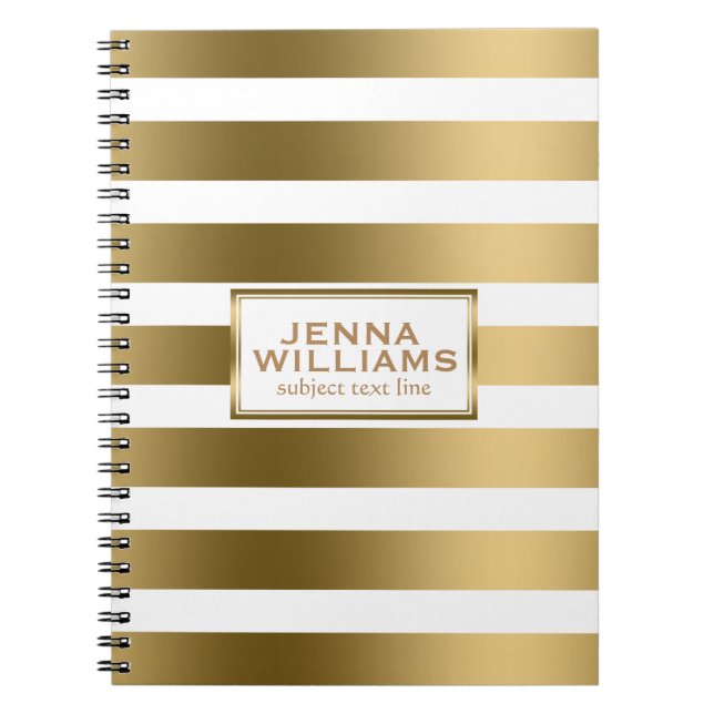 Modern Geometric White & Gold Stripes Notebook (Front)