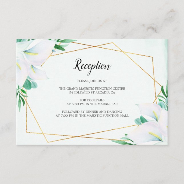 Modern Geometric White Lily Wedding Reception Enclosure Card (Front)