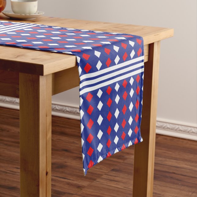 Modern Geometric White Red Diamond Stripe Pattern  Short Table Runner (In Situ)
