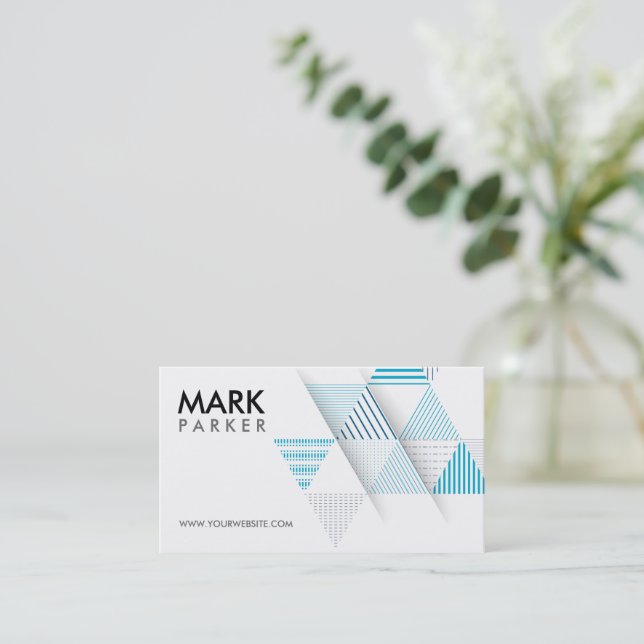 Modern Geometric with Blue Triangles Business Card (Standing Front)