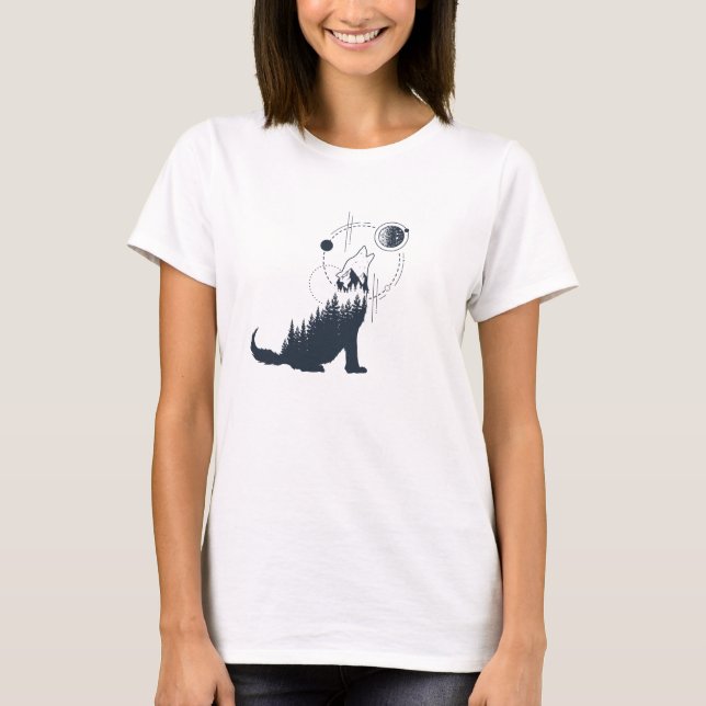 Modern Geometric Wolf Forest Double Exposure T-Shirt (Front)