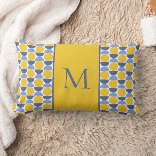 Modern Geometric Yellow and Blue Circles Monogram Lumbar Cushion (Blanket)