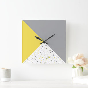 Modern Geometric Yellow Grey Terrazzo Pattern Square Wall Clock