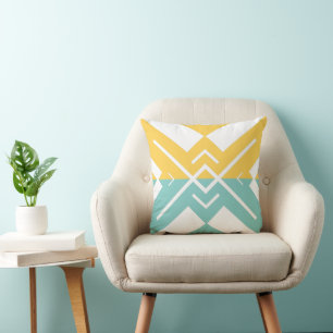Modern geometric yellow teal colour block cushion