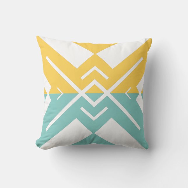 Modern geometric yellow teal colour block cushion (Front)
