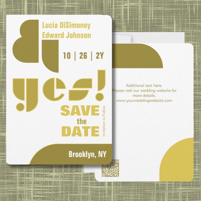 Modern Geometric yes! White Save The Date Card (Modern Sophisticated Olive Green Yes! Wedding Save the Date. Abstract Shapes. Geometric Typography.)