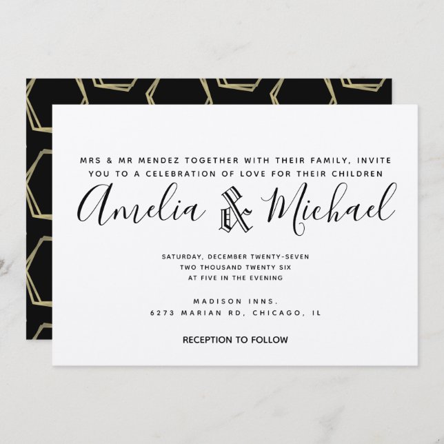 Modern Geometrical Gold and Black Wedding Kraft Invitation (Front/Back)