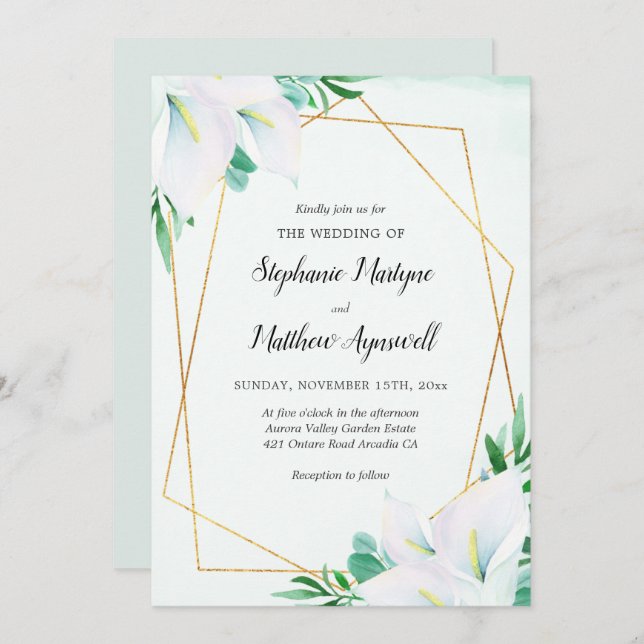 Modern Geometrical White Calla Lily Floral Wedding Invitation (Front/Back)