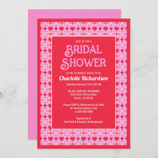 Modern Geometry Pink Heart Pattern Bridal Shower Invitation (Front/Back)