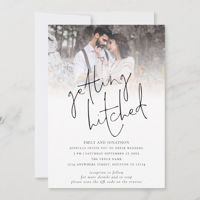 Modern Getting Hitched Photo QR Code Wedding Invitation (Front)
