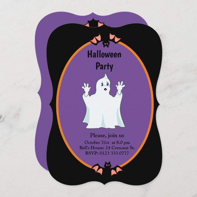 Modern Ghost & Bats Halloween Invitation (Front/Back)