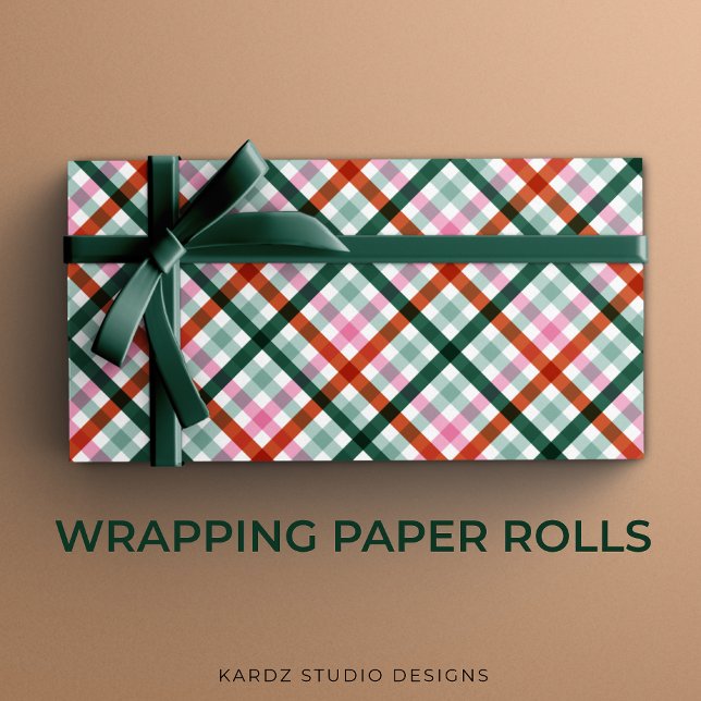 Modern Gingham Christmas Gift Wrapping Paper (Christmas gift wrapping paper rolls with a Modern gingham pattern design in red, green, and pink.)