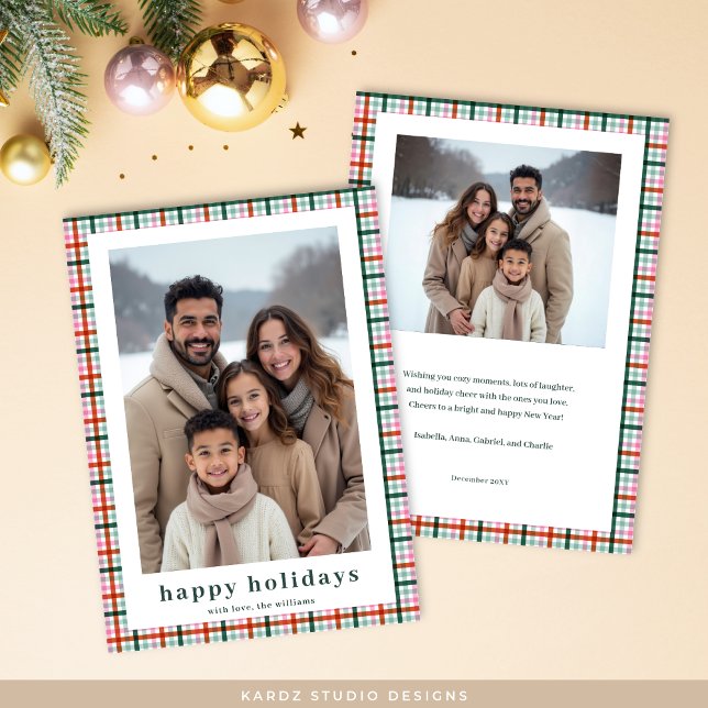 Modern Gingham Family 2 Photo Happy Holidays Card (Front and back of card shown in 5 x 7 inches. Choose paper style.)
