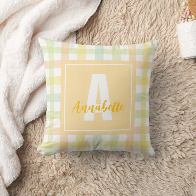  Modern Gingham Orange Green Yellow Blue Monogram Cushion (Blanket)