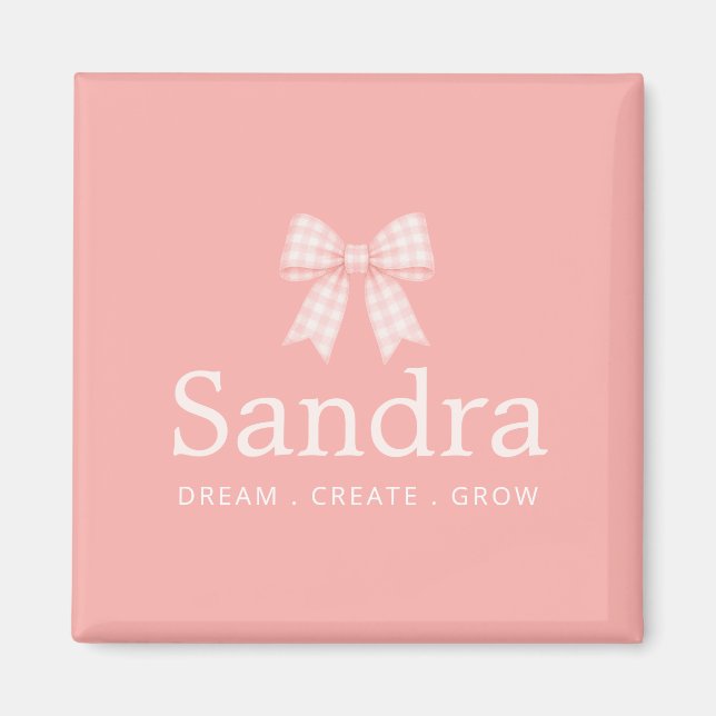 Modern Gingham Pink Bow Name Quote Magnet (Front)