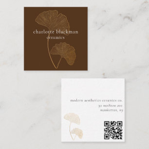 Modern Gingko Leaf QR Code Brown Square Card